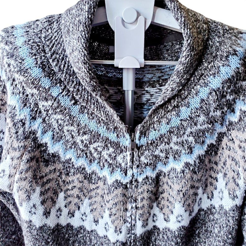 VINTAGE Oversized Retro Fair Isle Zip-Up Grey-Blue Fishermen Collar Neck Women's - Picture 5 of 7